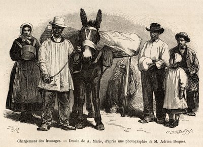 Załadunek serów na grzbiet muła w kierunku piwnic Roquefort, grawer wg rysunku A.Marie, ilustrującego podróż do Roquefort i okolic, autorstwa Adriena Roquesa i Julesa Chartona, w 1874 r., opublikowany w „” Le tour du monde””” autorstwa Adrien Emmanuel Marie