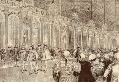 Procesja rycerzy Zakonu Ducha Świętego (Ducha Świętego) w lodowej galerii zamku w Wersalu w dniu Pięćdziesiątnicy w 1789 r. Rysunek Adriena Marie z 1889 r. autorstwa Adrien Emmanuel Marie