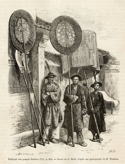 Trzech pracowników pogrzebowych w Pekinie. Grawer na podstawie rysunku A.Marie, dla zilustrowania podróży do Pekinu i północnych Chin, T.Choutze, w 1873, opublikowany w „Le tour du monde”” 1876, pod redakcją Edouarda Chartona, wyd. Hachette, Paryż. Kolekcj autorstwa Adrien Emmanuel Marie