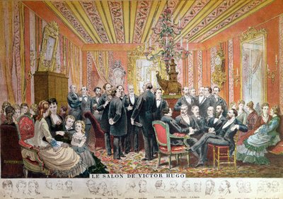 Salon Victora Hugo, 21 rue de Clichy, Paryż, grudzień 1875 (kolor grawerowany) autorstwa Adrien Emmanuel Marie