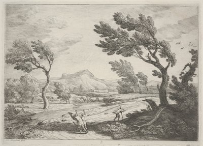 Krajobraz z podróżnikami w silnym wietrze, ok. 1753 (akwaforta) autorstwa Adrien Manglard
