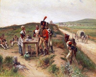 Żołnierze zatrzymują się u młodego sprzedawcy na targu autorstwa Adrien Moreau