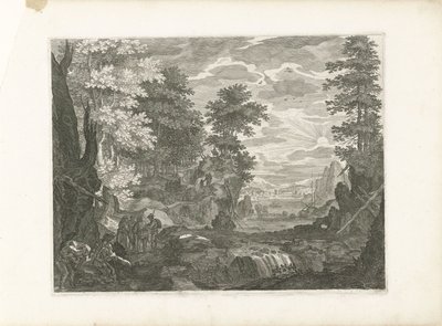 Wodospad z miastem w tle Cztery pejzaże w Czechach (tytuł serii) autorstwa Aegidius Sadeler (II) (attributed to)