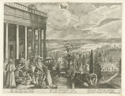 Kwiecień Aprilis (tytuł na obiekcie) Dwanaście miesięcy (tytuł serii) autorstwa Egidius  Sadeler (II)
