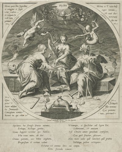 De dry schikgodinnen Posiadaj swoje dusze (tytuł na obiekcie) autorstwa Egidius  Sadeler (II)