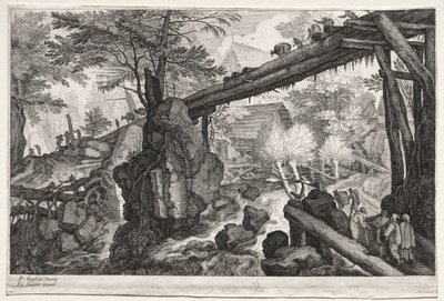 Osiem czeskich pejzaży: Pejzaż z mostem z bali nad kataraktą, ok. 1930 r. 1610-1615. autorstwa Aegidius Sadeler or Saedeler