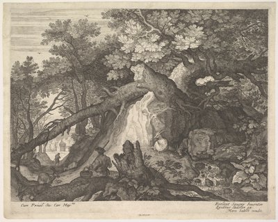 Mężczyzna trzymający laskę i siedzący na pniu drzewa, z dwoma kozami po obu stronach, surro..., ca. 1600. autorstwa Aegidius Sadeler II