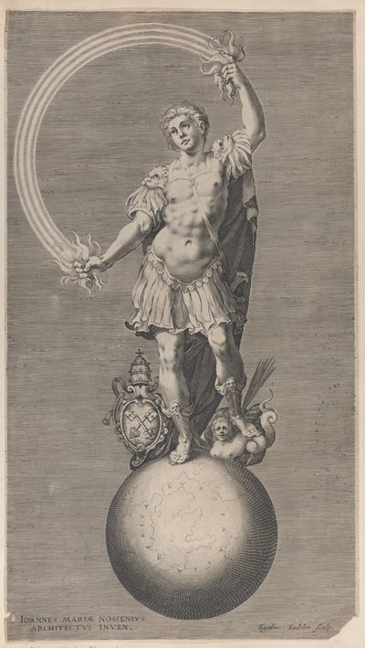 Alegoryczna postać wojownika stojącego na globusie z papieskim herbem a..., ca. 1588-1629. autorstwa Aegidius Sadeler II