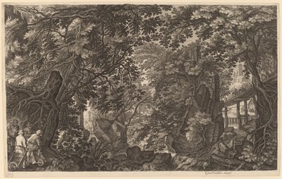 Krajobraz rzeczny z łowcą kaczek autorstwa Aegidius Sadeler II after Pieter Stevens
