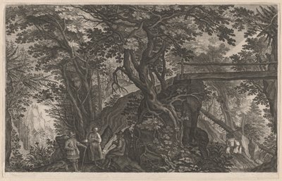 Podróżni odpoczywający w górskim lesie przy moście z bali autorstwa Aegidius Sadeler II after Pieter Stevens