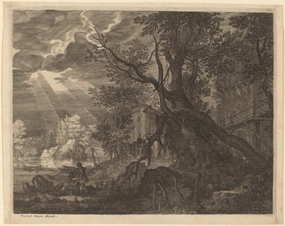 Krajobraz z mężczyznami łowiącymi ryby przy świetle księżyca autorstwa Aegidius Sadeler II after Roelandt Savery