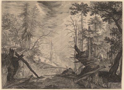 Trzech myśliwych i dwa psy przy basenie autorstwa Aegidius Sadeler II after Roelandt Savery