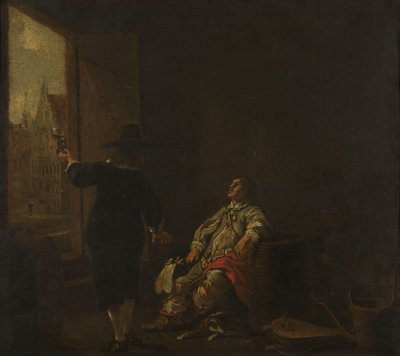 Szyld Sklepu Wina, z jednej strony Degustacja Wina, z drugiej Beczka Wina autorstwa Aelbert Cuyp (circle of)