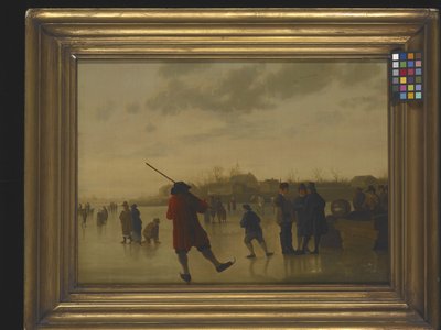 Krajobraz zamarzniętej rzeki z łyżwiarzami (olej na płótnie) autorstwa Aelbert Cuyp