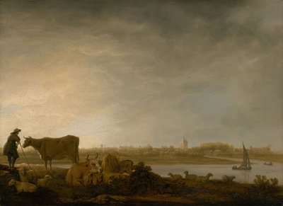 Widok Vianen z pasterzem i bydłem nad rzeką, ok. 1643-45 (olej na płycie) autorstwa Aelbert Cuyp