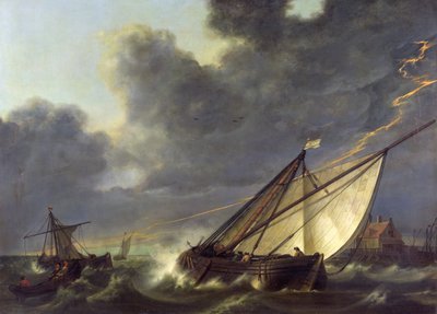 Łodzie w ujściu Holandii Dip in a Storm autorstwa Aelbert Cuyp