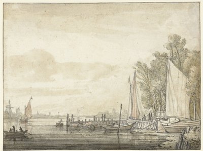 Łodzie na molo w rzece autorstwa Aelbert Cuyp