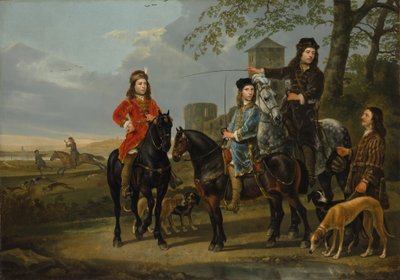 Portret jeździecki Cornelisa i Michiela Pompe van Meerdervoort z ich korepetytorem i woźnicą, Start do polowania, ok. 1652-53 autorstwa Aelbert Cuyp