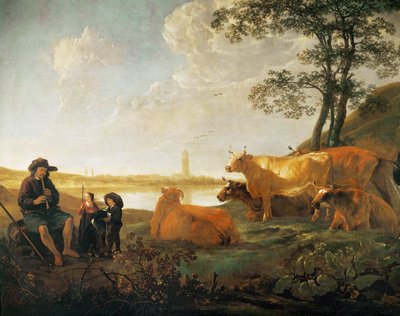 Krajobraz z pasterzami i trzodą, niedaleko Rhenen, Holandia ... autorstwa Aelbert Cuyp