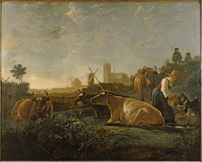 Mleczarka i bydło w pobliżu Dordrecht ... (obraz na płótnie) autorstwa Aelbert Cuyp