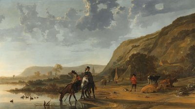 Krajobraz rzeki z jeźdźcami Krajobraz rzeczny w pobliżu Nijmegen z jeźdźcami nawadniającymi konie autorstwa Aelbert Cuyp