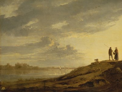 Zachód słońca nad rzeką, lata 50. XVII wieku (panel) autorstwa Aelbert Cuyp