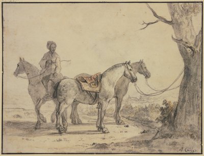 Dwa osiodłane konie przywiązane do drzewa, a obok nich jeździec autorstwa Aelbert Cuyp