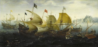 Bitwa o Kadyks Holenderskie i angielskie statki atakują hiszpańską Armadę, 1608 autorstwa Aert Anthonisz