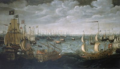 Wodowanie okrętów wojennych przeciwko hiszpańskiej armadzie, 7 sierpnia 1588, ok. 1590 (olej na płótnie) autorstwa Aert Anthonisz