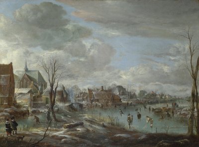 Zamarznięta rzeka w pobliżu wioski, z golfistami i łyżwiarzami, ok. godz. 1647-1648 autorstwa Aert van der Neer
