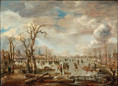 Zimowy pejzaż z lodowymi przyjemnościami, ok. godz. 1655 autorstwa Aert van der Neer
