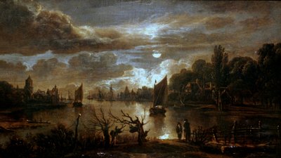 niemiecki: Mondscheinlandschaft mit breitem Kanal Księżycowy krajobraz z szerokim strumieniem autorstwa Aert van der Neer