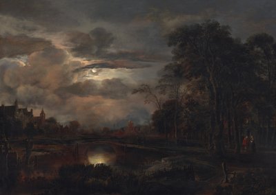Księżycowy krajobraz z mostem, prawdopodobnie 16481650. autorstwa Aert van der Neer