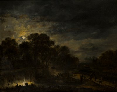Pejzaż rzeczny wg Moonlight, ok. 1623-77 (olej na płótnie) autorstwa Aert van der Neer