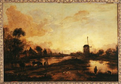 Zachód słońca nad rzeką Yssel, ok. 1645 (olej) autorstwa Aert van der Neer