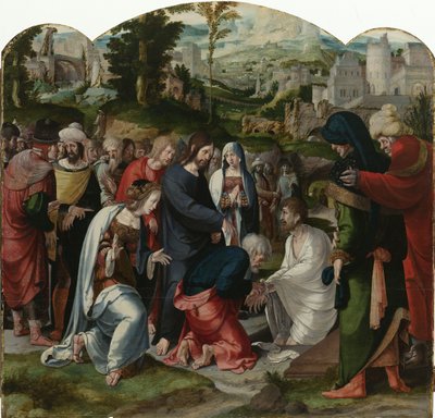 Wskrzeszenie Łazarza, środkowy panel tryptyku, ok. 1530 autorstwa Aertgen Claesz van Leyden
