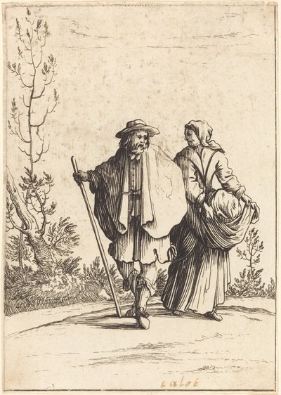 Para żebraków z krajobrazem w tle autorstwa After Jacques Callot