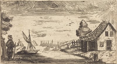 Krajobraz z postacią i łodzią autorstwa After Jacques Callot