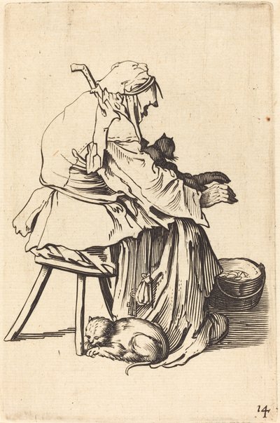 Stara kobieta z kotami autorstwa After Jacques Callot