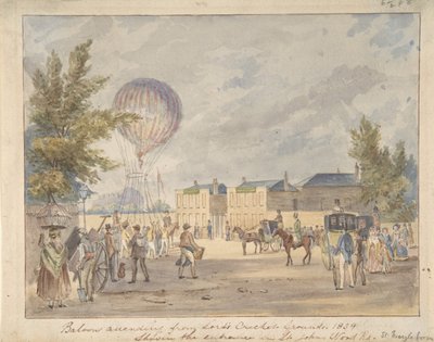 Balon wznoszący się w pobliżu wejścia na boisko do krykieta Pana, 1839, ca. 1839. autorstwa After Robert Bremmel Schnebbelie.