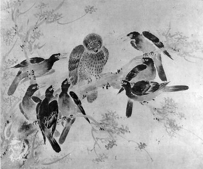 Ptaki Mynah atakujące sowę, prawdopodobnie XIX wiek. autorstwa after Sesson Shūkei