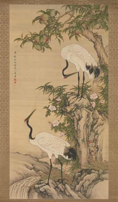 Żurawie, brzoskwinia i chińskie róże, początek XVIII wieku. autorstwa After Shen Quan