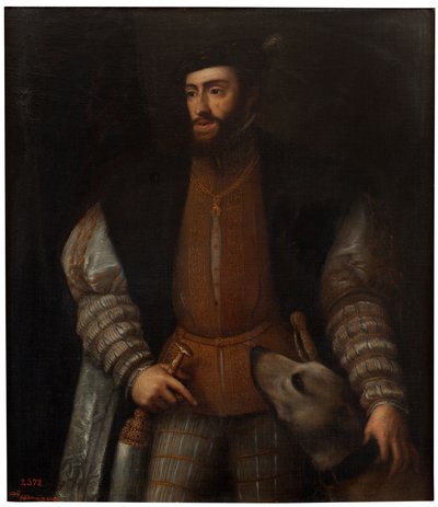 Hiszpański:  El emperador Carlos V con un perro Cesarz Karol V z psem autorstwa after Titian