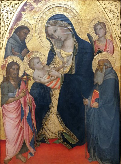 Maria mit dem Kind und den Heiligen Johannes der Täufer, Franziskus, Antonius Abbas und einer weiblichen Märtyrerin Madonna z dzieciątkiem, św. Janem Chrzcicielem, św. Franciszkiem i św. Antonim oraz męczennicą autorstwa Agnolo Gaddi