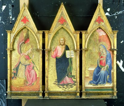 Archanioł Gabriel; Chrystus wybawiciel; Zwiastowanie Najświętszej Maryi Panny na złotych panelach ziemi, autorstwa Agnolo Gaddi