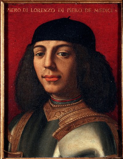 Portret Piotra II Medyceuszy (1472-1503) Włoski polityk i wojskowy, syn Laurenta Wspaniałego Obraz Agnolo Allori zwany Bronzino (1503-1572), olej na miedzi Dim 15x1 cm M Palazzo autorstwa Agnolo Bronzino