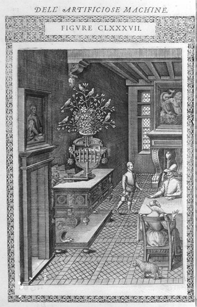 Fontanna ze sztucznym śpiewem ptaków. To projekt Agostino Ramelli, według „”Diverse and Artificiosis Machine””. Mediolan 1600. autorstwa Agostino (after) Ramelli