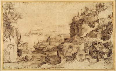 Widok w dół ufortyfikowanego portu (pióro i brązowy atrament na papierze) autorstwa Agostino (attr. to) Carracci