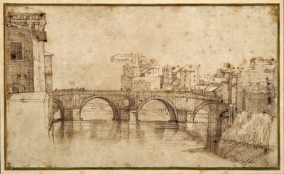 Isola Tiberina, Rzym (pióro i brązowy tusz na papierze) autorstwa Agostino (attr. to) Carracci