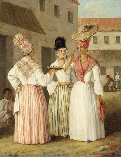 Zachodnioindyjska dziewczyna kwiatowa i dwie inne wolne kolorowe kobiety, ok. 1769 (olej na płótnie) autorstwa Agostino Brunias